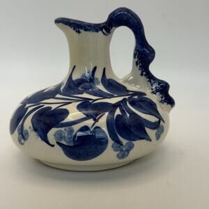 Blue and White Painted‎ Floral Pitcher - Decanter Vase Decor Vintage